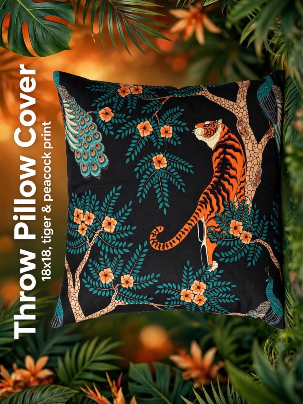 Tiger & Peacock Floral Throw Pillow Cover - Black with Orange & Teal 18x18”